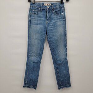 Amo Women Blue Babe 9" High Rise Cropped Raw Hem Button Fly Jeans Size 26